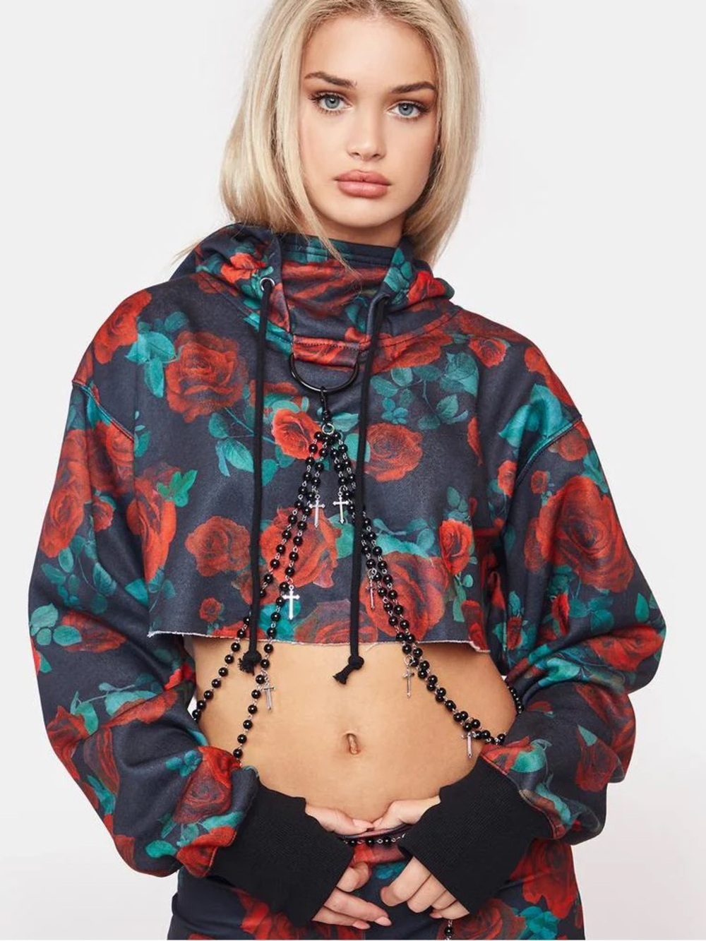 Current Mood Black Cropped Hoodie with Red Rose Print Size Small